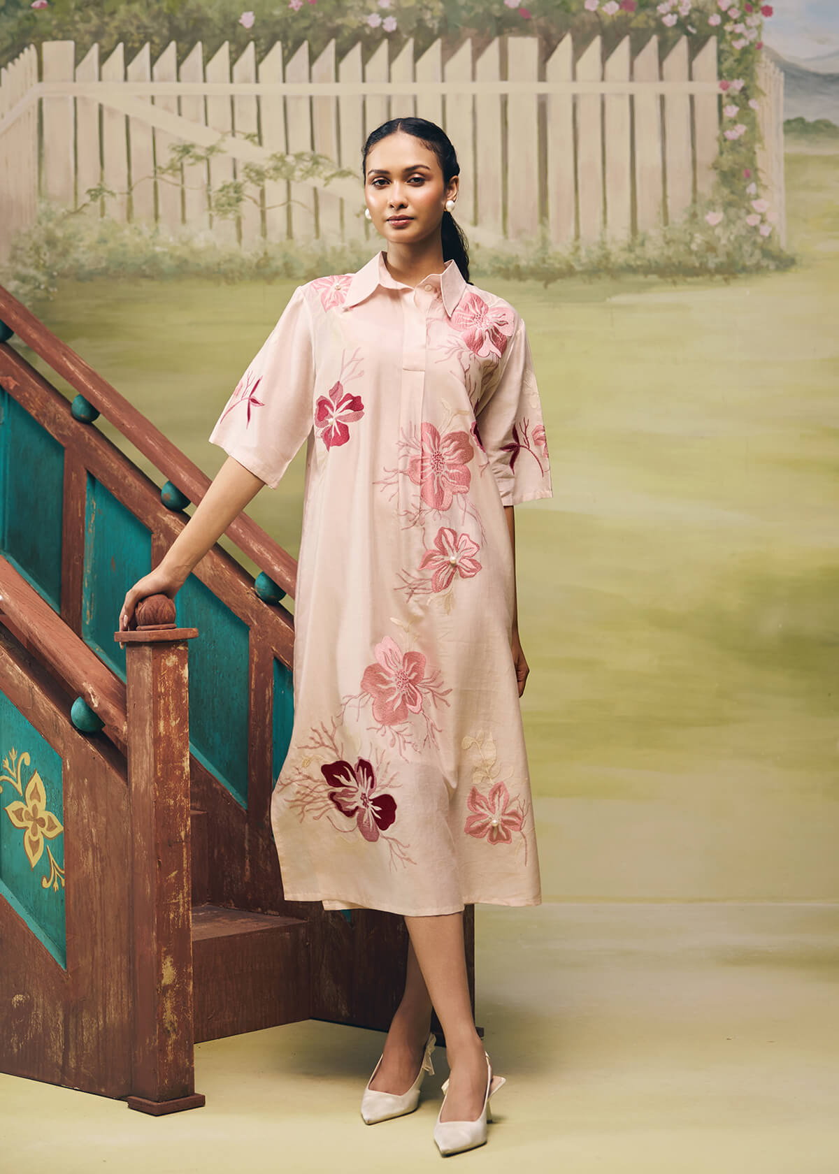 Rose Bloom Midi Shirt Dress